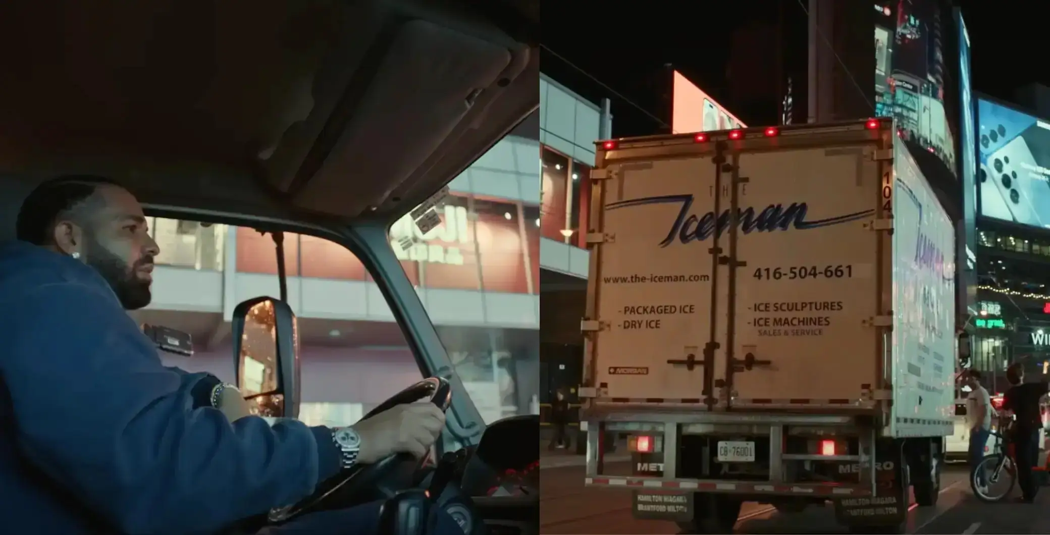 A cinematic split-frame image shows Drake driving an ice delivery truck through downtown Toronto at night, reinforcing the immersive rollout world of his Iceman era. On the left side, Drake sits behind the wheel wearing a dark navy fleece jacket and luxury watch, illuminated by the muted glow of city lights through the windshield. On the right, the back of the truck displays “The Iceman” branding alongside references to packaged ice, dry ice, and ice sculptures, turning an ordinary commercial vehicle into part of the album’s visual mythology. Neon billboards, nighttime traffic, and urban reflections create a moody, late-night atmosphere that blends performance art, guerrilla marketing, and cinematic storytelling into a distinctly Drake-style cultural rollout