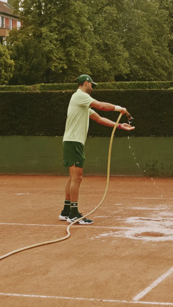 Lifestyle campaign image of a tennis player relaxing on a white courtside bench, wearing an off-white graphic T-shirt with bold “Authentique Terre Battue” lettering, dark shorts, white crew socks, neutral court sneakers, and a matching cap. Framed against clay-court surroundings and green hedges, the portrait blends vintage tennis culture with relaxed off-court style