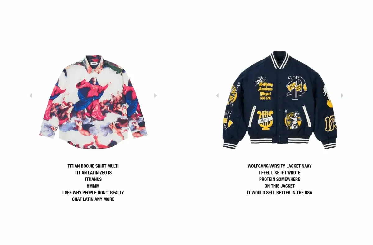 Screenshot featuring two standout Palace Summer 2026 garments against a minimal white backdrop: a vividly printed “Titian Boojie” button-up shirt covered in Renaissance-inspired artwork with dramatic religious imagery on the left, and a navy “Wolfgang” varsity jacket on the right adorned with collegiate striping, embroidered graphics, classical references, and bold yellow-and-white detailing, both paired with Palace’s signature humorous product descriptions underneath