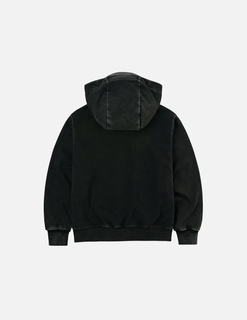 Rear view of a black Evisu oversized hooded jacket, highlighting the clean back panel, vintage-washed texture, and structured hood with the integrated cap subtly shaping the silhouette