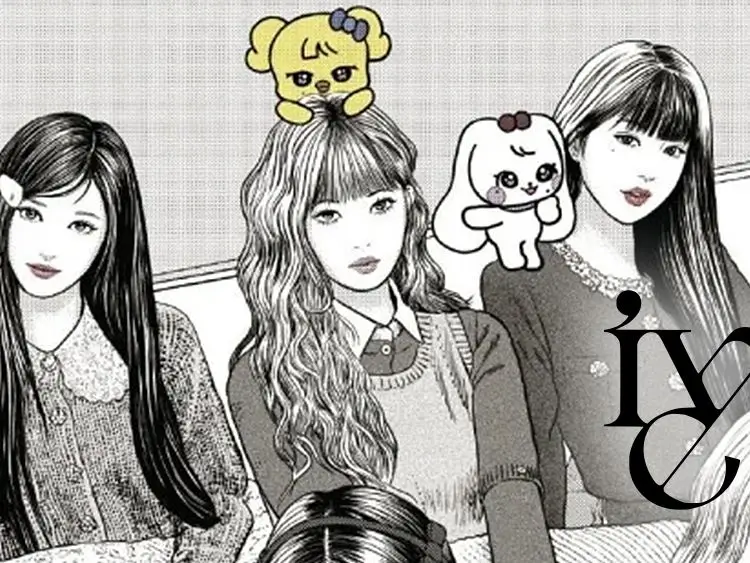 Close-up crop from IVE’s Junji Ito–illustrated LUCID DREAM cover showing three members rendered in delicate black-and-white manga linework alongside plush mascot characters perched on their heads and shoulders. Soft knitwear textures, flowing hair, and calm facial expressions contrast with the subtly uncanny atmosphere characteristic of Junji Ito’s aesthetic, blending luxury idol imagery with eerie psychological tension