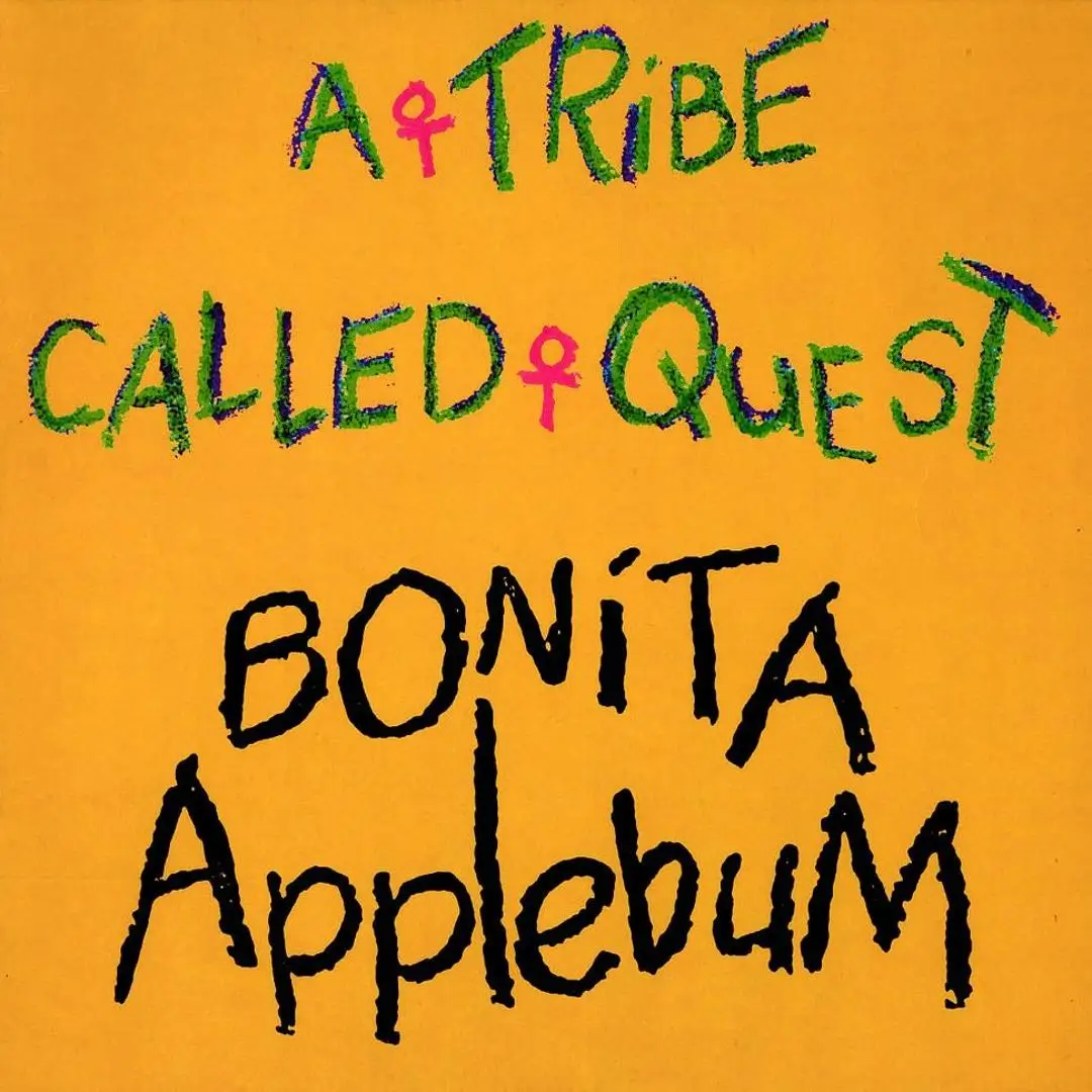 Album cover artwork with a bright orange background featuring hand-drawn, textured lettering that reads “A Tribe Called Quest” in green with pink female symbols incorporated into the text, and “BONITA Applebum” in bold black brush-style script below. The overall design has a raw, playful, and graffiti-inspired aesthetic