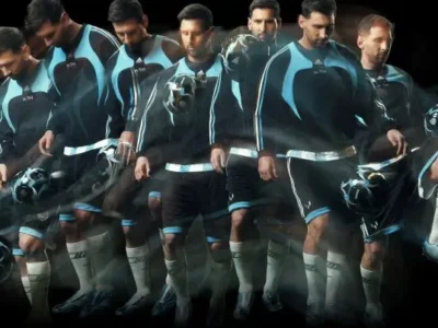 Motion-effect editorial image showing multiple overlapping frames of a football player moving with a ball, creating a dynamic sequence effect against a dark backdrop