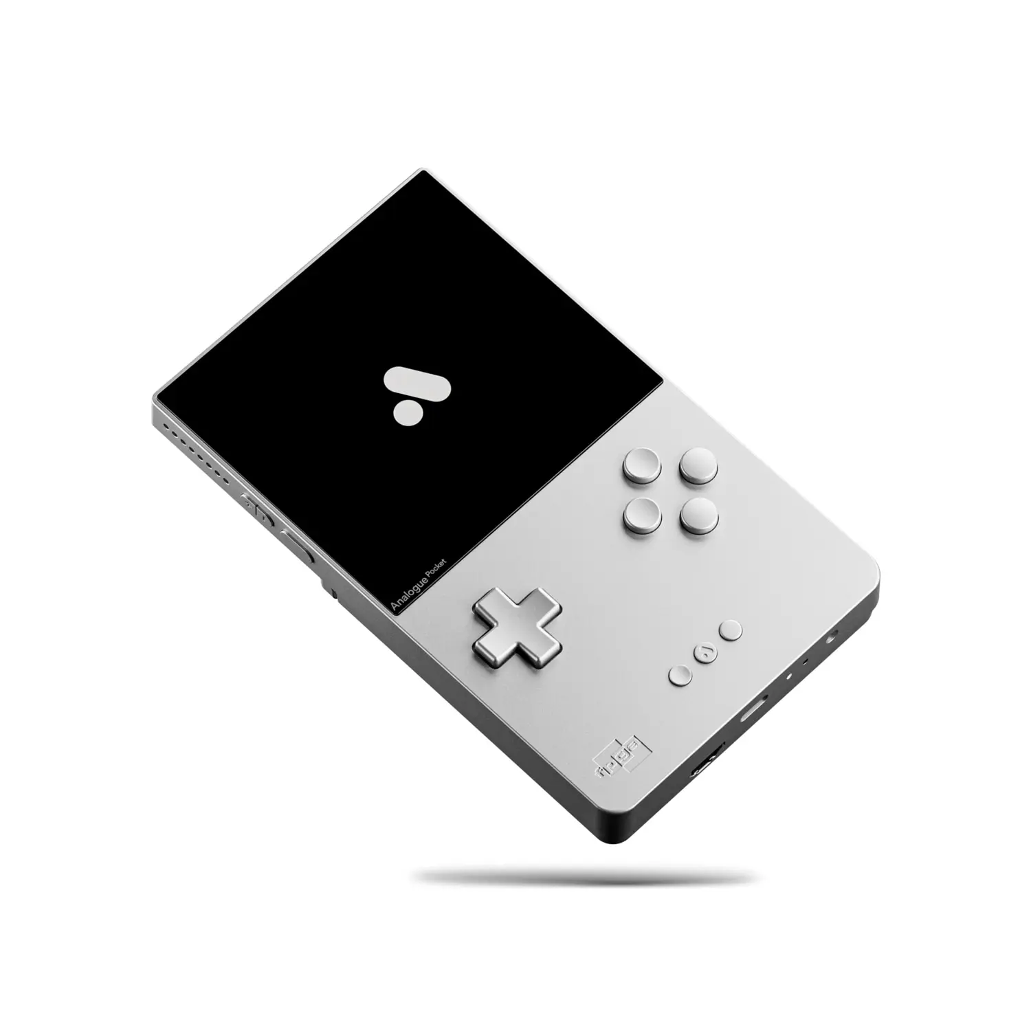 Silver Natural edition of the Analogue Pocket Aluminum floating against a minimalist gray background, highlighting its CNC-machined 6061 aluminum body, metallic D-pad and face buttons, sharp black display panel, and clean industrial aesthetic inspired by classic handheld gaming hardware and modern luxury electronics design
