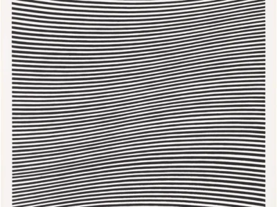 Minimal black-and-white optical artwork composed of tightly spaced horizontal lines that subtly curve and shift across the surface to create the illusion of movement and depth. The composition forms a gentle wave-like distortion within a square field, producing a hypnotic visual rhythm through precision, repetition, and geometric balance. A small handwritten edition mark and signature appear in the lower right corner