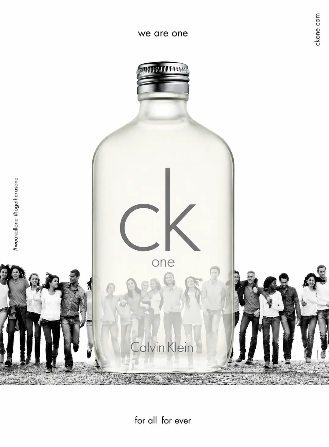 Calvin Klein CK One vintage campaign featuring the iconic frosted glass bottle with minimalist design, surrounded by a diverse group of models in black-and-white, symbolizing unity and unisex identity