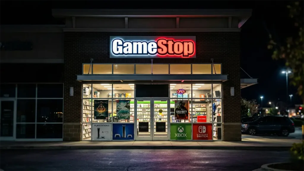 Nighttime exterior of a brightly lit GameStop storefront, with glowing red-and-white signage above glass windows showcasing PlayStation, Xbox, and Nintendo Switch displays, suggesting a physical retail hub poised for digital transformation