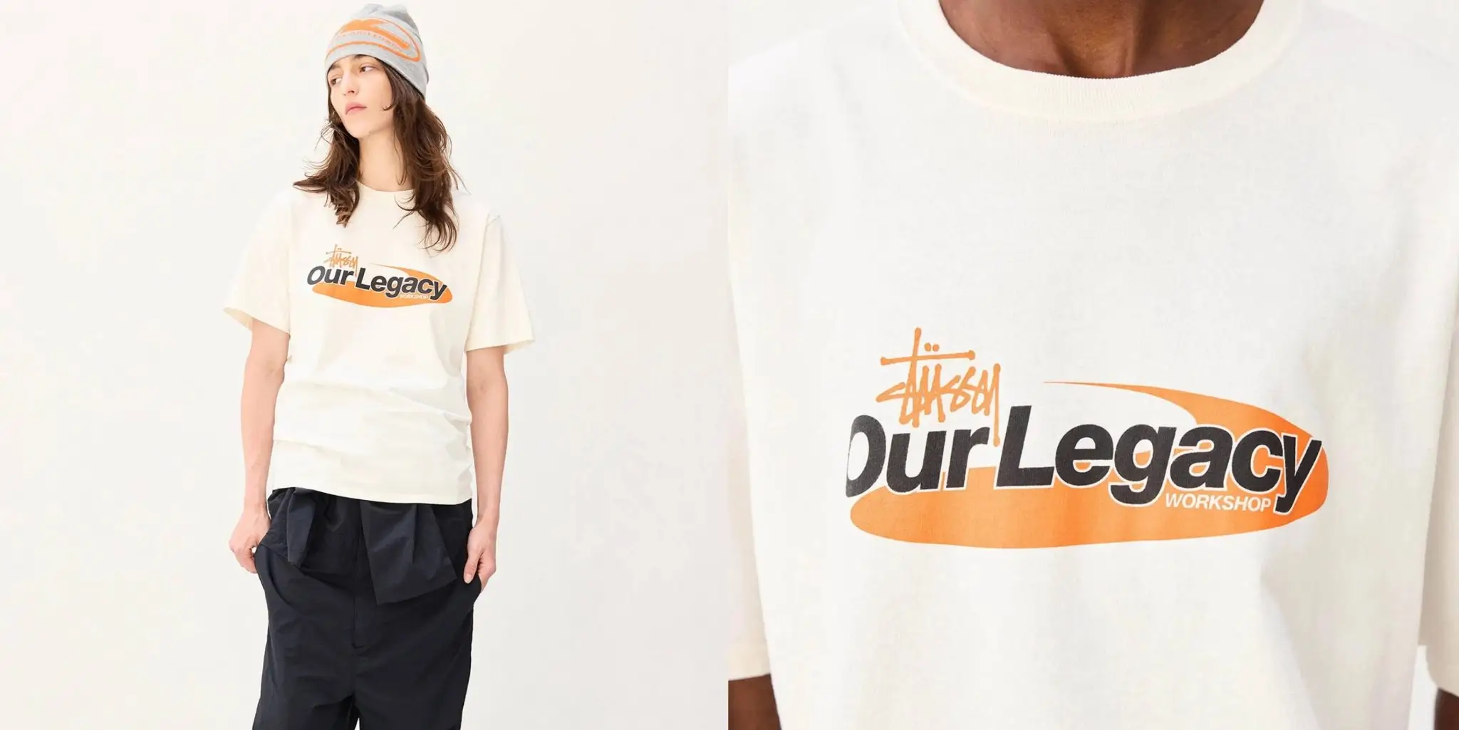 Studio fashion image showing an off-white collaborative graphic T-shirt styled in a relaxed fit. On the left, a model wears the tee with loose black trousers and a grey beanie featuring orange striping. On the right, a close-up highlights the chest graphic: an orange-and-black co-branded “Stüssy Our Legacy Workshop” logo rendered in a retro speed-mark style across the front