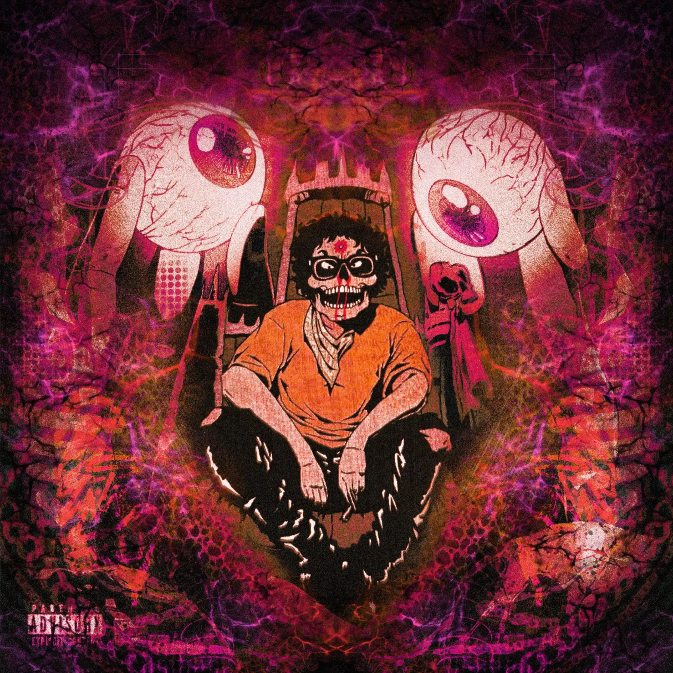 Psychedelic horror-style artwork featuring a crouching illustrated figure with a skull-like face, dark curly hair, and oversized glasses seated beneath a looming mouth structure. Two oversized floating eyeballs flank the figure, while layered neon pink, purple, and black textures create a chaotic mirrored background filled with smoke, cracks, abstract energy patterns, and distorted collage elements. The overall composition feels surreal, intense, and underground mixtape-inspired