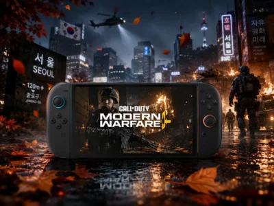 Nintendo Switch 2 displaying Call of Duty: Modern Warfare 4 gameplay in the foreground of a rain-soaked Seoul battlefield, with autumn leaves scattered across reflective streets, military vehicles, helicopters overhead, neon Korean signage, and soldiers advancing through a city illuminated by fire and explosions