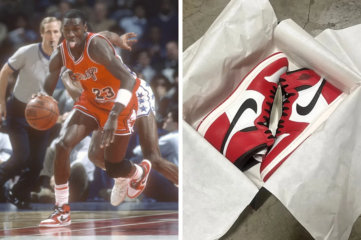 Split-image composition featuring Michael Jordan wearing classic red, white, and black Air Jordan 1 sneakers during an on-court game appearance alongside a modern product shot of the same colorway resting inside tissue-lined packaging. The juxtaposition highlights the enduring legacy of the iconic Chicago-inspired Air Jordan design through archival basketball imagery and contemporary shoe culture presentation