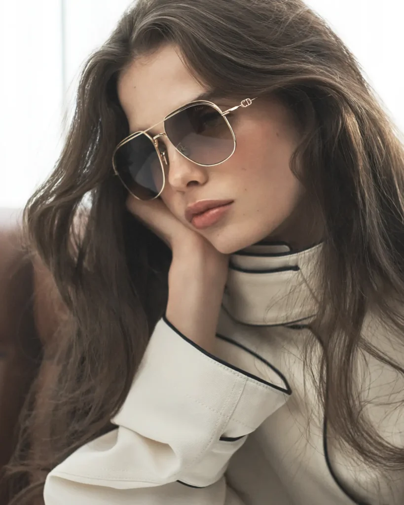 A close-up portrait of a woman with long, softly tousled brown hair, resting her head lightly against her hand in a relaxed, contemplative pose. She wears gold-framed aviator-style sunglasses with lightly tinted lenses, paired with a structured ivory top featuring a high collar and subtle black piping along the edges. Her expression is calm and introspective, with neutral makeup and softly defined lips. The lighting is natural and diffused, highlighting the textures of her hair, the sheen of the metal frames, and the clean, refined lines of her outfit, creating a polished, understated aesthetic