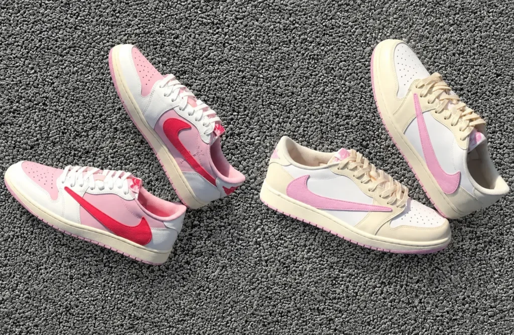 Flat-lay image of the Travis Scott x Air Jordan 1 Low OG “Pink Pack” featuring two pastel color with signature reversed Swooshes, photographed on textured asphalt under bright natural light