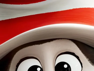 Minimalist teaser poster for The Cat in the Hat (2026) showing the beloved Dr. Seuss character peering up with oversized expressive eyes beneath his iconic red-and-white striped hat. Bold red brushstroke-like stripes dominate the composition, accompanied by the tagline “The Cat’s Out of the Bag” and a November 2026 theatrical release announcement