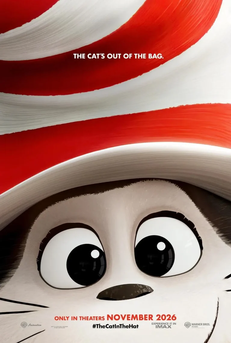 Minimalist teaser poster for The Cat in the Hat (2026) showing the beloved Dr. Seuss character peering up with oversized expressive eyes beneath his iconic red-and-white striped hat. Bold red brushstroke-like stripes dominate the composition, accompanied by the tagline “The Cat’s Out of the Bag” and a November 2026 theatrical release announcement