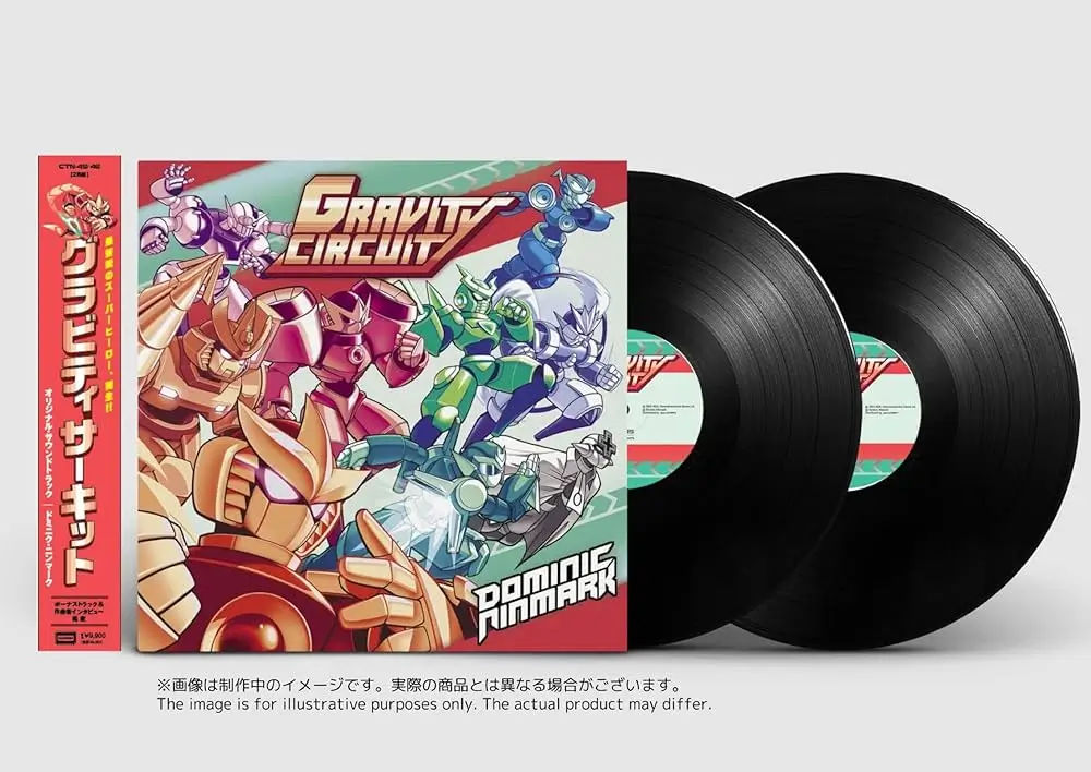 Product mockup of a double LP vinyl soundtrack release featuring colorful retro-inspired mecha artwork. The illustrated cover shows multiple armored robotic characters in dynamic action poses rendered in bright reds, blues, greens, and metallic tones around a bold central logo. A Japanese-style obi strip runs vertically along the left edge of the sleeve, reinforcing the classic game soundtrack aesthetic. Two black vinyl records are displayed partially outside the jacket with matching center labels, set against a clean light gray background. Small disclaimer text at the bottom notes that the image is for illustrative purposes and the final product may vary