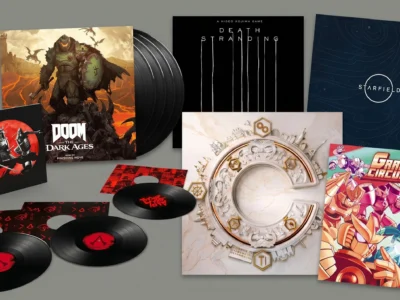 Flat lay of collectible video game soundtrack vinyl releases arranged on a neutral background, featuring DOOM: The Dark Ages with black LPs partially exposed, minimalist black Death Stranding artwork, deep-blue Starfield cover design, a red-and-black Assassin’s Creed Shadows edition with multiple records displayed, an ornate Civilization-themed circular cover, and the colorful retro-inspired Gravity Circuit soundtrack sleeve