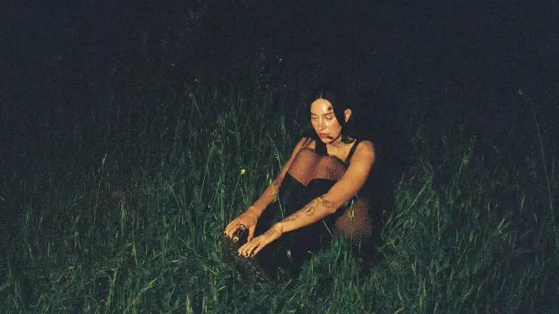 Moody nighttime portrait of Julia Wolf seated in tall grass wearing a dark outfit, captured with grainy cinematic lighting and an introspective atmosphere