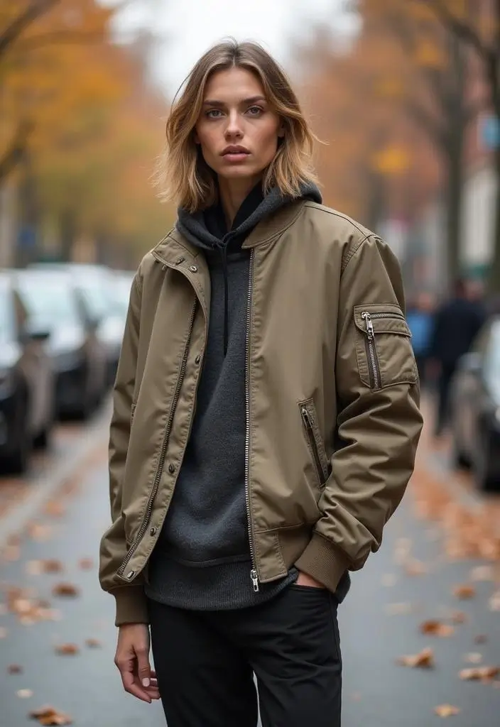 Portrait of a model standing on a tree-lined city street in autumn, wearing a khaki bomber jacket layered over a dark hoodie and black pants, with soft natural light and blurred urban background