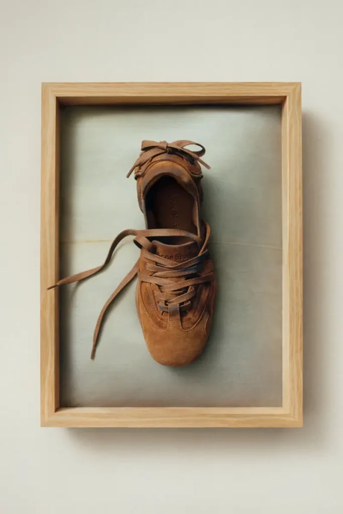 A single suede lace-up shoe is suspended within a shallow wooden shadow-box frame, centered against a muted, stone-grey backdrop. The warm brown leather shows soft wear and texture, with loosely untied laces spilling outward to introduce a sense of quiet disarray. The composition feels deliberately restrained—object as artifact—where the framing elevates the everyday into something studied and archival. Subtle branding from Acne Studios is visible along the insole, anchoring the piece within a contemporary fashion narrative while maintaining a sculptural, almost museological stillness