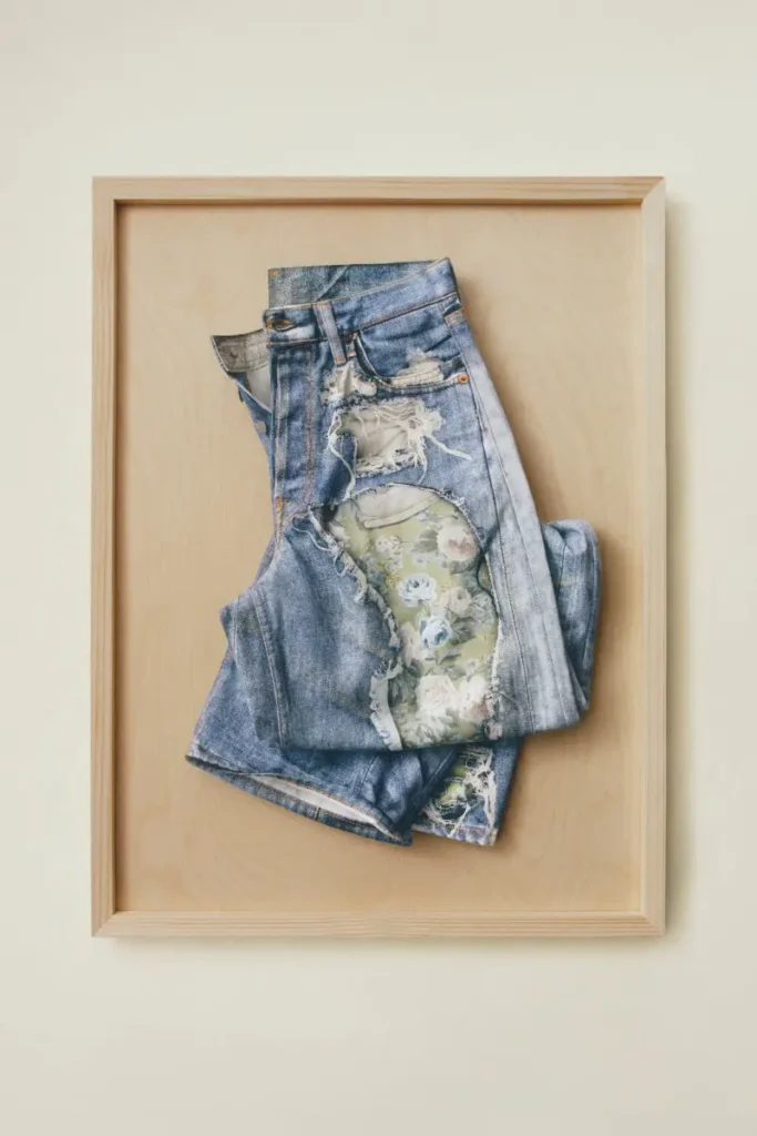 A pair of light-wash denim jeans is arranged within a shallow wooden frame, folded and slightly twisted to emphasize texture and wear. Large distressed openings reveal a contrasting floral fabric beneath, softening the ruggedness of the torn edges with a delicate, almost nostalgic print. The composition balances rawness and refinement—frayed seams against gentle pattern—while the neutral wood backing keeps the focus on material interplay. Presented as a framed object, the denim shifts from everyday garment to curated artifact, aligning with the quietly subversive design language of Acne Studios