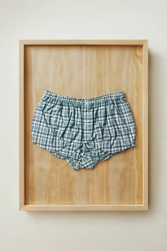 A pair of plaid boxer shorts is centered within a shallow wooden frame, laid flat against a pale timber backing that echoes the garment’s understated palette. The soft fabric gathers naturally along the elastic waistband, creating gentle folds that emphasize comfort and ease. Rendered in muted green and white checks, the pattern feels familiar and domestic, yet the act of framing elevates it into something deliberate and observed. The composition strips the garment of context, presenting it instead as a quiet study in form, texture, and everyday intimacy—aligned with the subtle, conceptual sensibility of Acne Studios