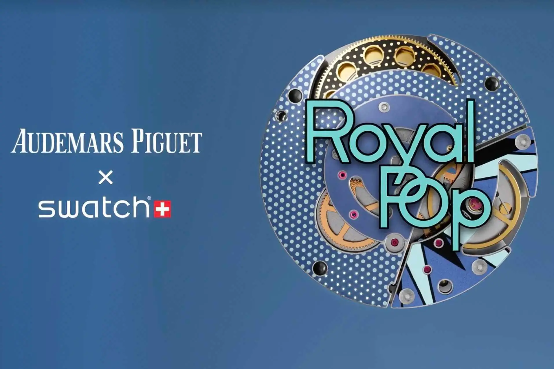 Promotional artwork for the Audemars Piguet x Swatch “Royal Pop” collaboration featuring blue pop-art inspired mechanical movement graphics, dotted textures, and layered typography against a blue background