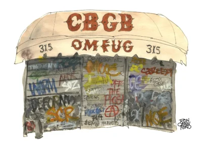 Ron Crawford watercolor illustration of the iconic CBGB storefront featuring the venue's famous awning, graffiti-covered facade, and Bowery street character
