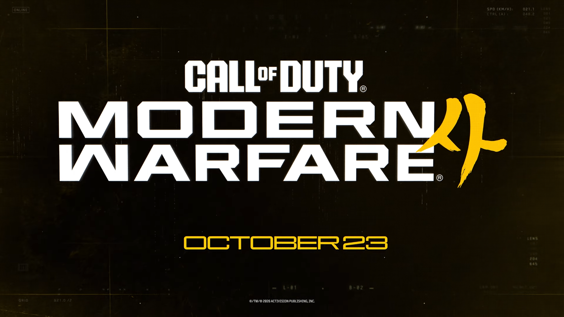 Call of Duty: Modern Warfare 4 release date graphic featuring the game logo in bold white typography against a dark tactical background, with a stylized yellow numeral four and the launch date October 23 displayed below