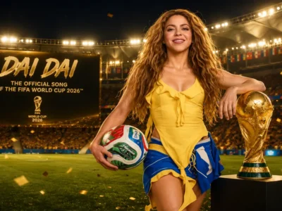 A cinematic promotional image for Shakira’s “Dai Dai,” the official song of the FIFA World Cup 2026, set inside a glowing football stadium under golden floodlights. Shakira stands confidently beside the FIFA World Cup trophy while holding a football, dressed in a vibrant yellow asymmetrical dress with blue accents that echo Brazil-inspired tournament colors. Behind her, a massive illuminated stadium screen displays the “Dai Dai” title and official FIFA World Cup 2026 branding, while confetti drifts across the pitch, amplifying the celebratory atmosphere. The composition blends pop spectacle, football iconography, and global-event grandeur into a polished anthem-era