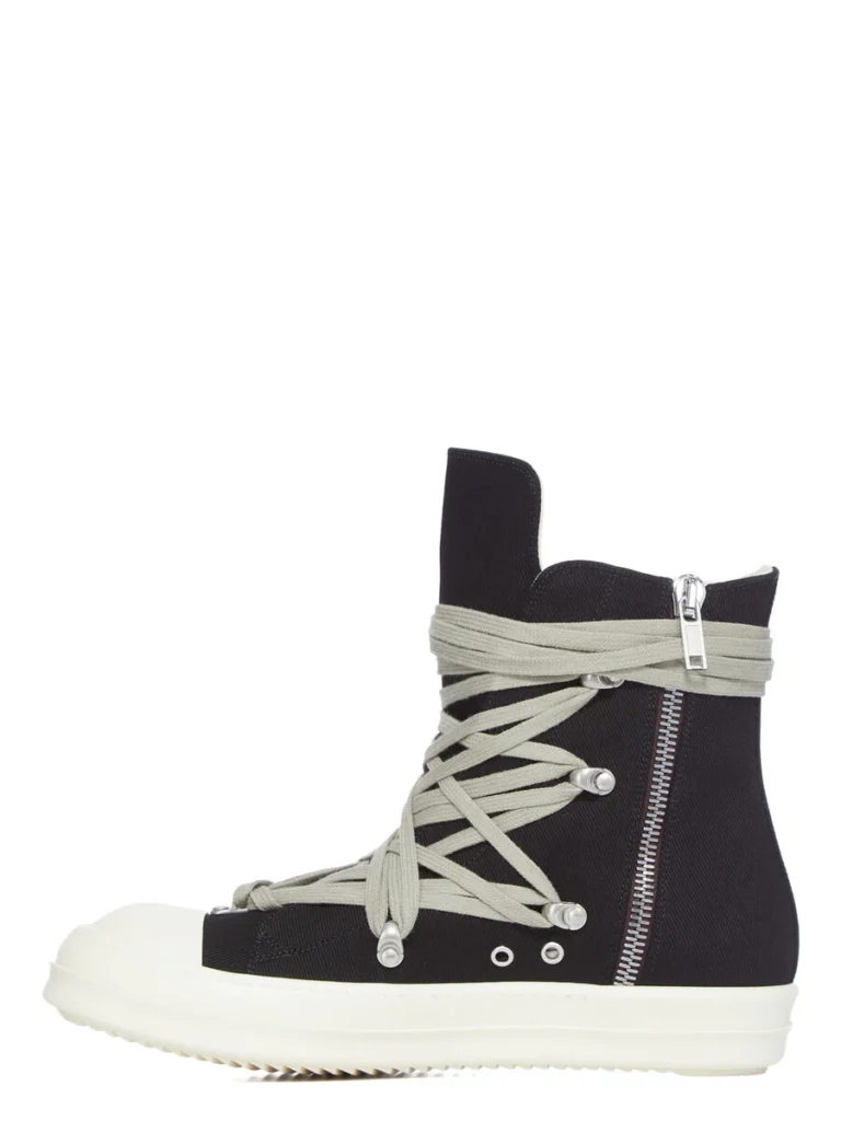 Inner side profile of the Rick Owens DRKSHDW Temple Megalace® shoe showing the exposed silver side zipper, wrapped Megalace® detailing, and structured high-top silhouette