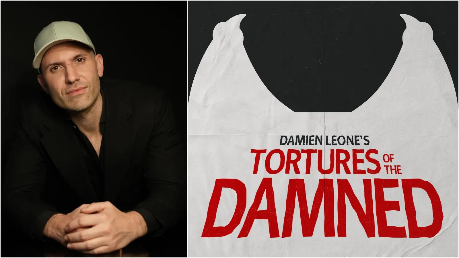 Split promotional image featuring filmmaker Damien Leone in a black jacket and the title artwork for Tortures of the Damned, displayed in bold red lettering against a stark black-and-white design