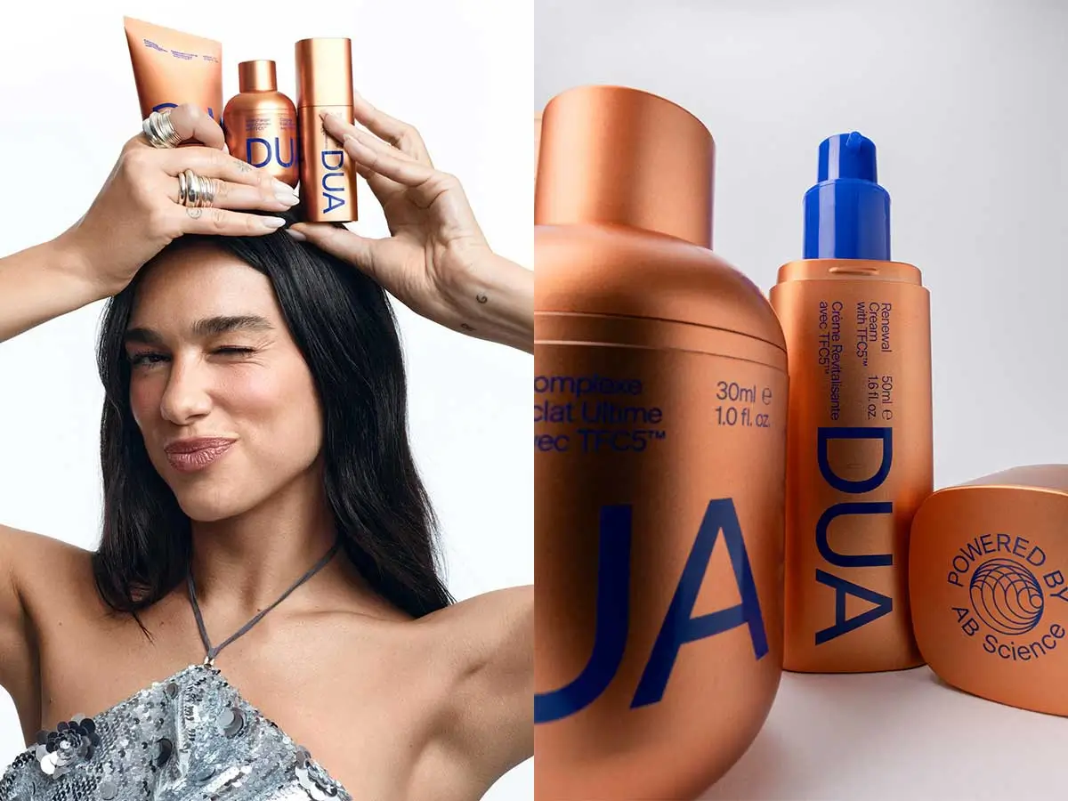 Split beauty campaign image featuring a woman playfully balancing multiple DUA skincare products above her head on the left, paired with a close-up product arrangement on the right. The warm metallic packaging with bold blue branding emphasizes modern luxury, clean design, and the streamlined skincare identity of the DUA by AB collection