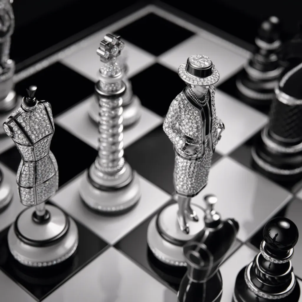 A close-up view of a luxury black-and-silver chess set featuring fashion-inspired sculptural pieces covered in diamond-like pavé detailing. Centered on the glossy checkerboard board is a figurine dressed in an embellished tailored ensemble and wide-brim hat, surrounded by metallic chess pieces, mannequin-shaped forms, and reflective black pawns in a dramatic monochrome composition