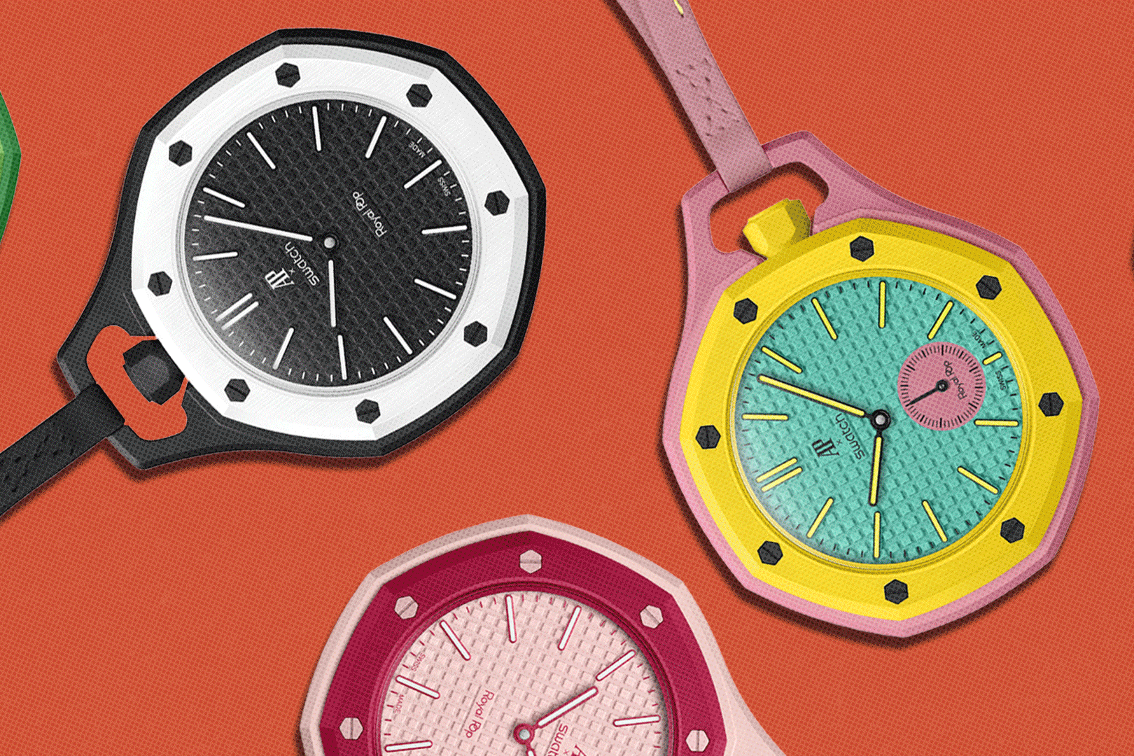 Audemars Piguet x Swatch Royal Pop watches in pink, light blue, green, and black & white on blue background