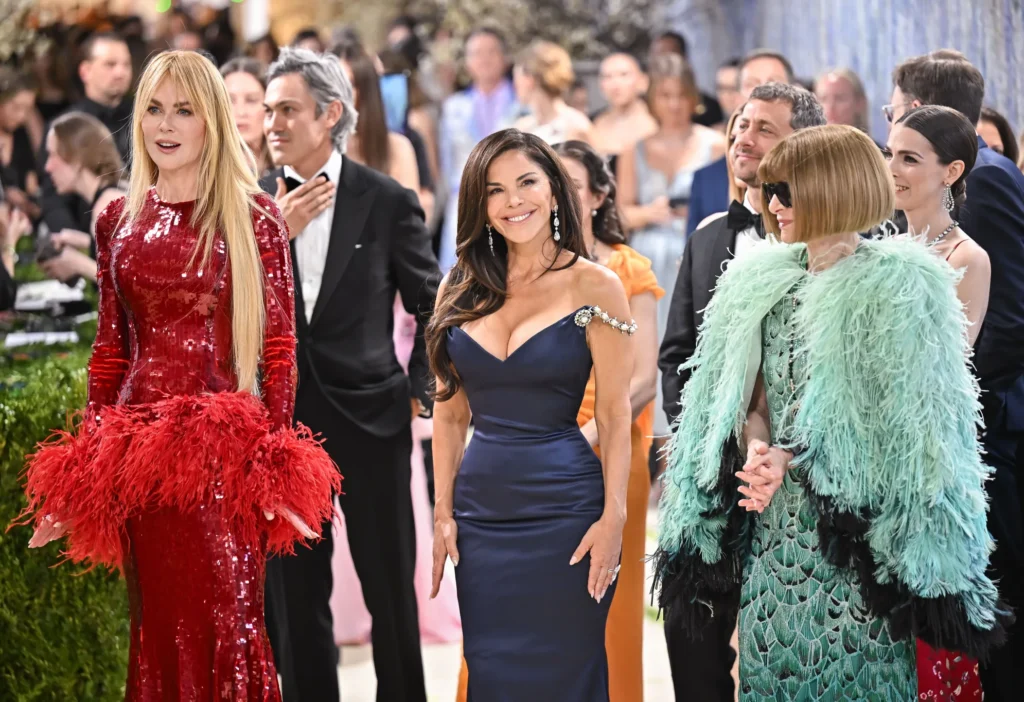 Nicole Kidman, Lauren Sánchez Bezos, and Anna Wintour on the 2026 Met Gala red carpet. The star-studded night, sponsored by the Bezoses, drew protests over Amazon labor issues and billionaire influence