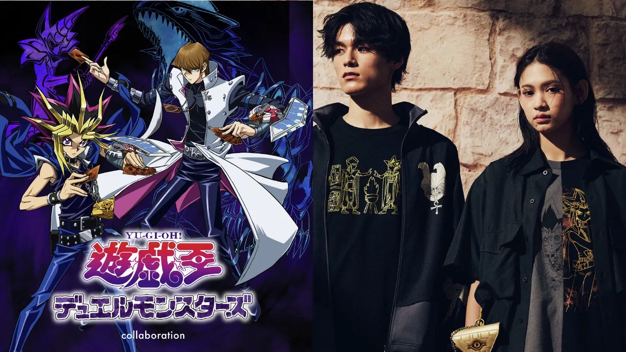 Promotional viewl for a Yu-Gi-Oh! collaboration featuring iconic anime duel characters and dark fantasy monster artwork alongside two models wearing black graphic apparel and accessories inspired by the series’ card-game aesthetic