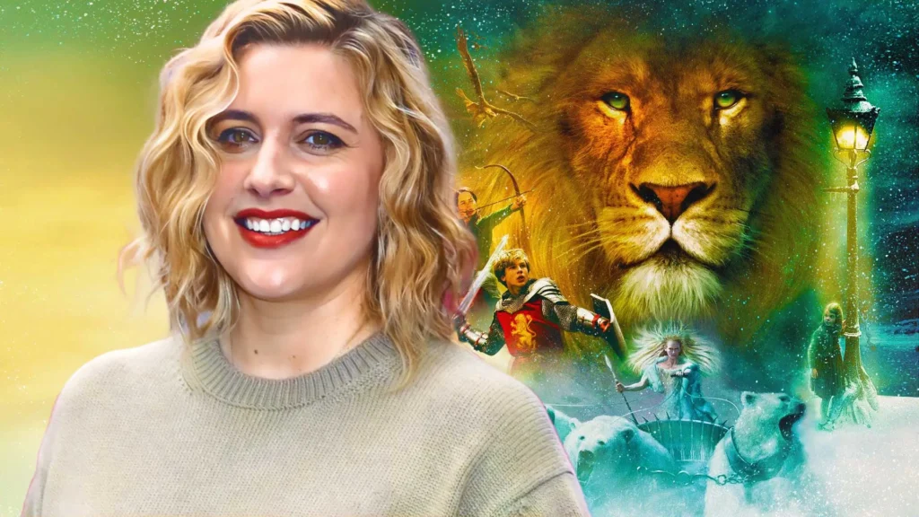 Greta Gerwig centered in a stylized Narnia-themed collage, with the White Witch and a roaring lion in the background, evoking the mythic tone of The Magician’s Nephew adaptation