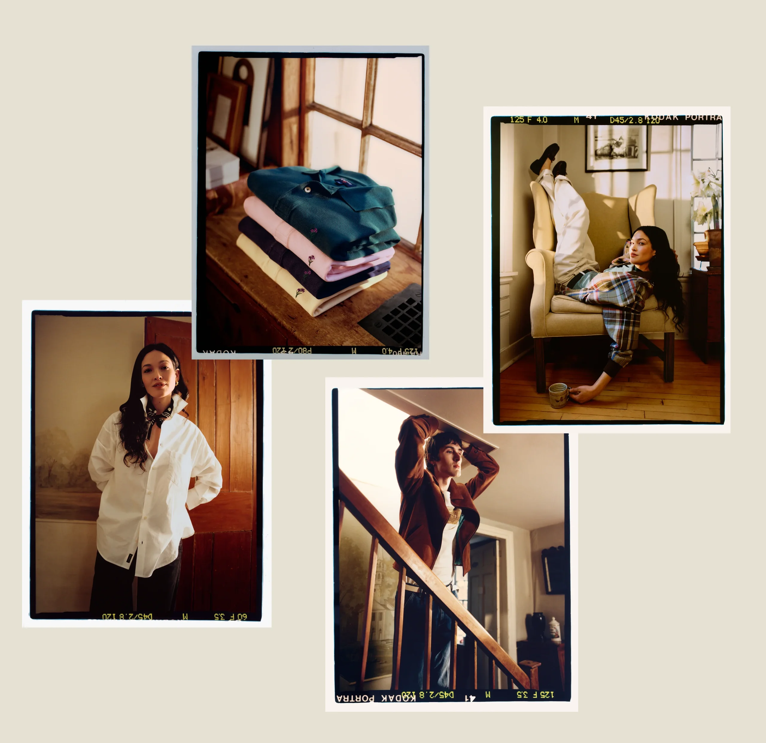 Editorial collage featuring four warm-toned lifestyle photographs inside a sunlit home setting: neatly folded colorful shirts stacked on a wooden table, a model reclining in an armchair wearing relaxed plaid separates, a model styling an oversized white shirt with a neck scarf, and another standing on a staircase in layered tailoring. The imagery evokes a nostalgic, film-photography aesthetic with relaxed menswear and lived-in interiors