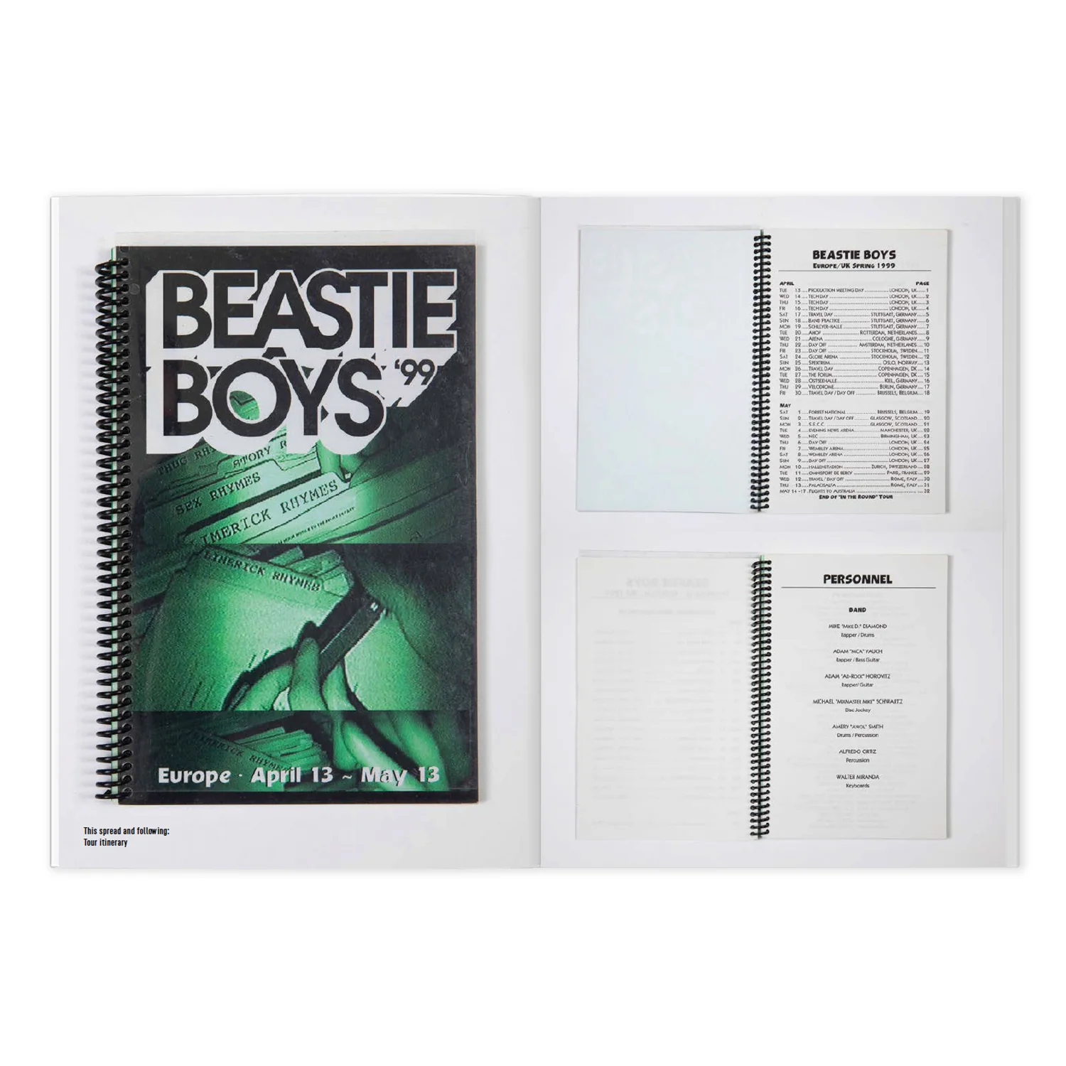 Open spread from the Beastie Boys Stuff / Volume 5 zine featuring a 1999 European tour itinerary booklet, production schedules, and archival personnel documents from the Hello Nasty era