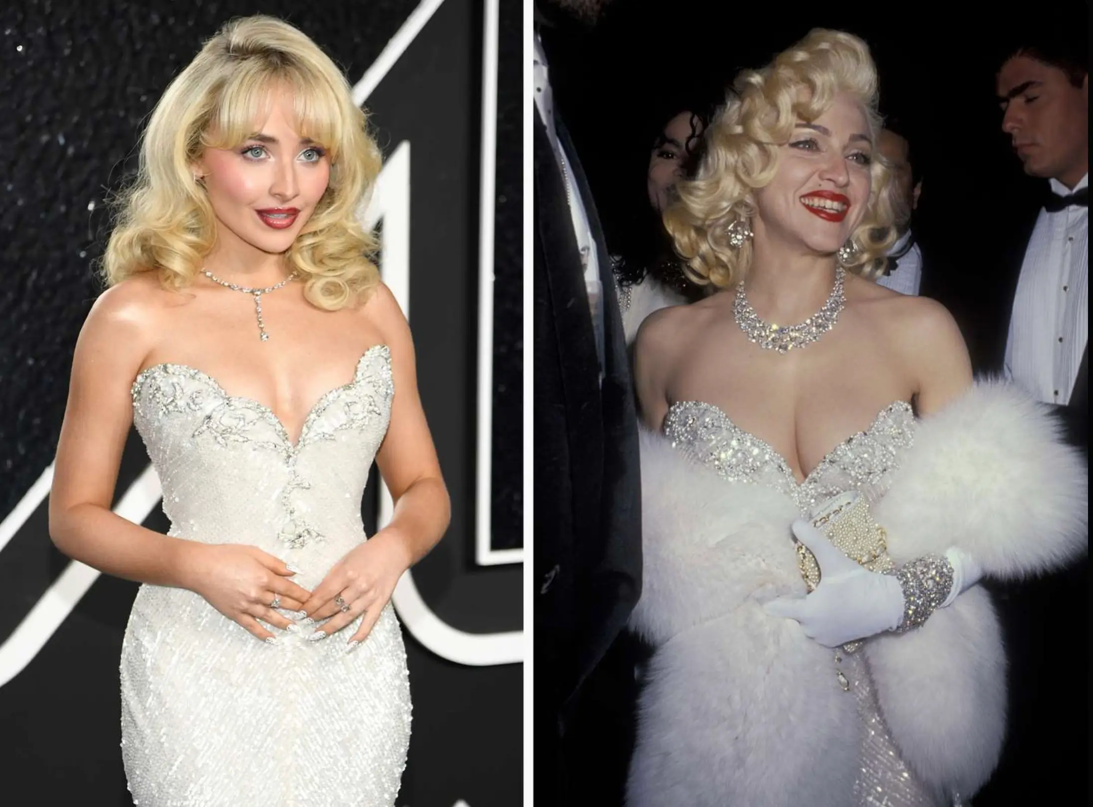 Sabrina Carpenter channeling Madonna — spot-on homage in the iconic 1991 Oscars Bob Mackie gown. Side-by-side with the original, this tribute perfectly captures their shared glamorous, bombshell energy. Iconic full-circle moment