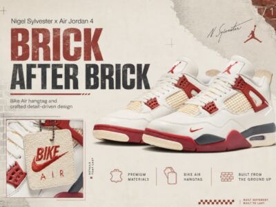 A promotional campaign graphic for the Nigel Sylvester x Air Jordan 4 “Brick After Brick” collison presented with a construction-inspired view identity. The layout combines distressed typography, textured concrete graphics, and brick-wall motifs alongside a hero image of the shoe in off-white, red, cream, and dark navy tones. Large “BRICK AFTER BRICK” lettering dominates the composition, while smaller text references the shoe’s bike-inspired hangtag and detail-focused craftsmanship. An inset image highlights the textured “Bike Air” hangtag embroidered in red, reinforcing Nigel Sylvester’s BMX-rooted reinterpretation of classic Nike Air branding. Additional iconography across the bottom references premium materials, custom accessories, and the concept of building from the ground up, tying the sneaker’s aesthetic to themes of progression, durability, and creative construction culture