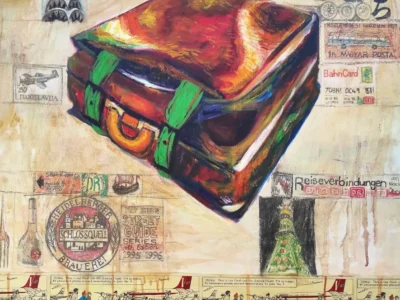 Expressive mixed-media painting featuring a vividly rendered suitcase surrounded by layered travel ephemera, including vintage stamps, maps, transport sketches, and ticket fragments, creating a nostalgic atmosphere of movement, memory, and wanderlust
