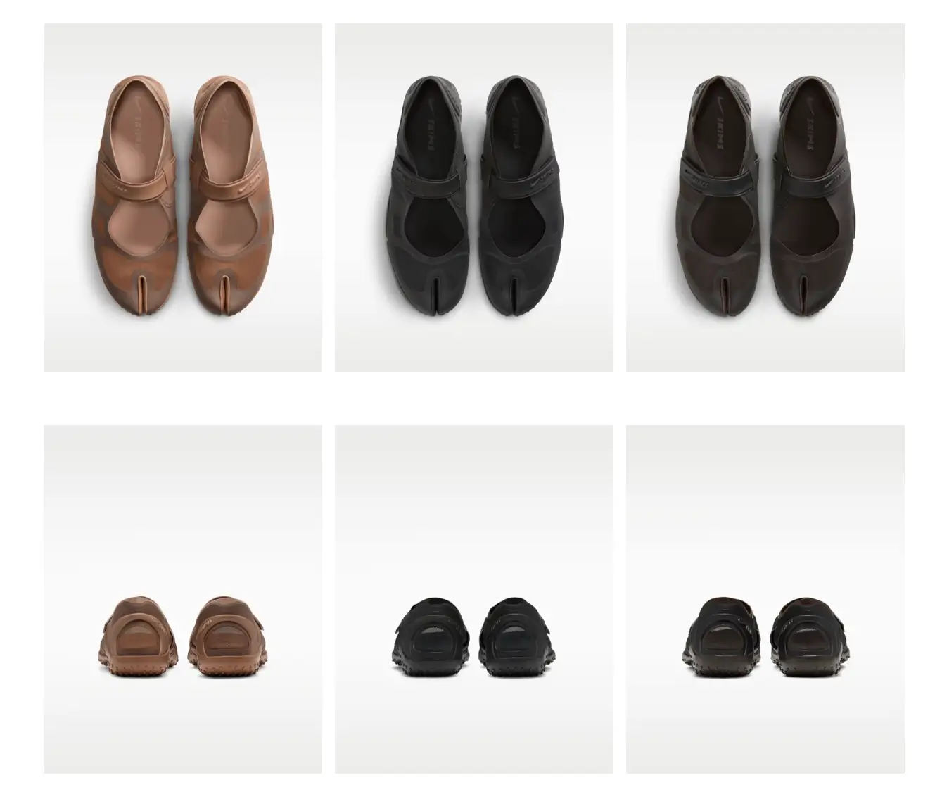 Viewed from above and behind, the silhouette becomes even more experimental. The split-toe construction references tabi footwear, while the Mary Jane-style strap softens the otherwise technical, molded design. From the rear, the textured outsole and sculpted heel give the shoe an almost amphibious feel — minimal, ergonomic, and quietly futuristic without relying on traditional shoe detailing