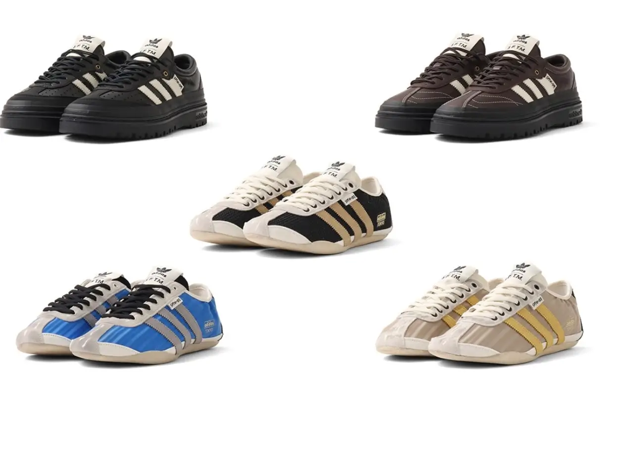 A lineup image showcases all five footwear styles from the Song For The Mute x adidas Originals “007” SS26 collection, including two chunky Samba LX Freizeit models and three reworked Tokyo sneakers. The range spans monochromatic black and brown leather Sambas alongside retro-inspired Tokyo runners in blue, black, and beige colorways, emphasizing textured materials, vintage detailing, and understated nostalgia
