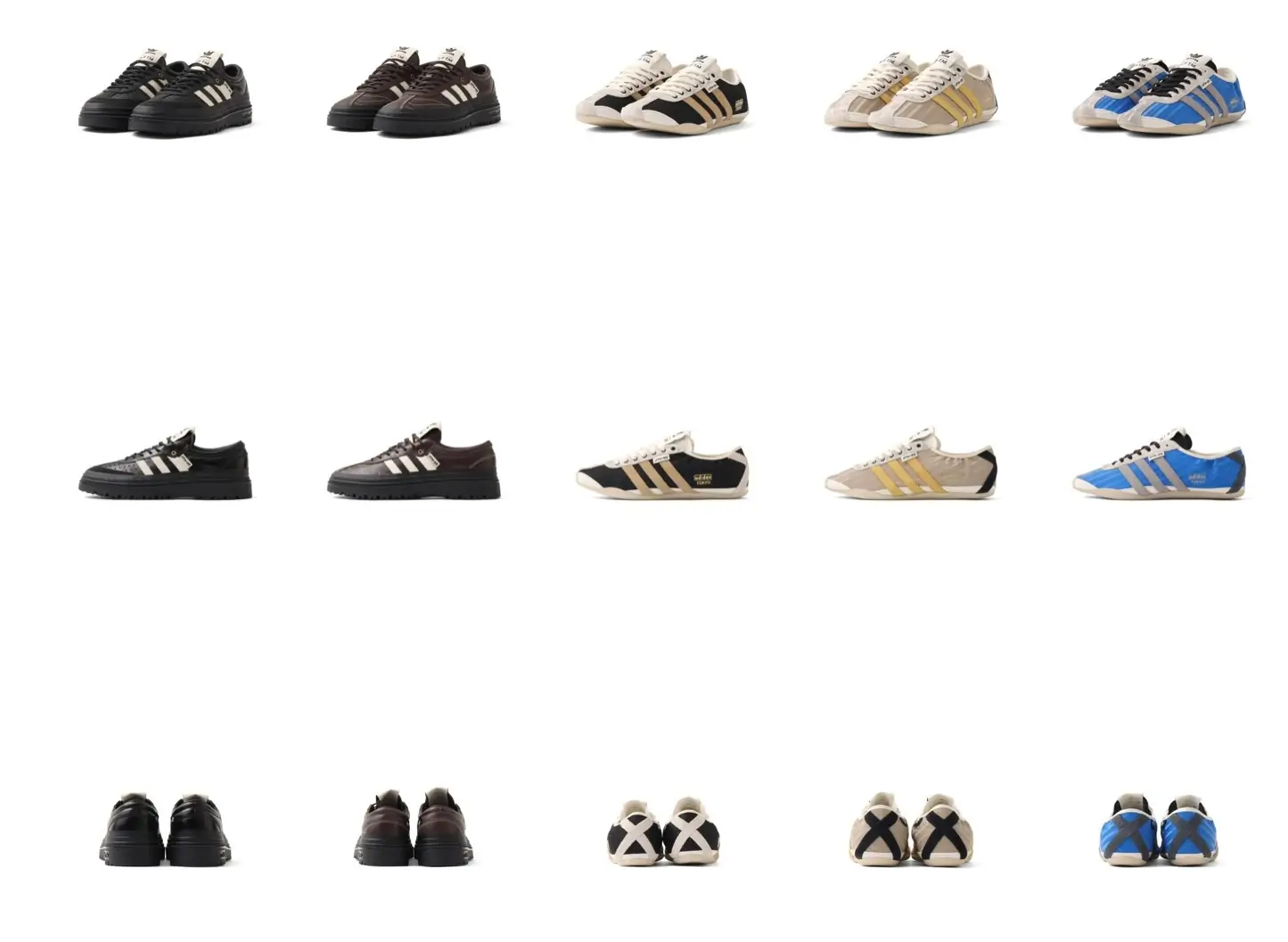 A detailed product grid presents every angle of the five footwear styles from the Song For The Mute x adidas Originals “007” collection, including front, side, and rear views. The layout highlights the contrast between the chunky Samba LX Freizeit silhouettes and the streamlined Tokyo runners, emphasizing premium leather construction, retro track-shoe proportions, textured overlays, and muted vintage-inspired color palettes across the SS26