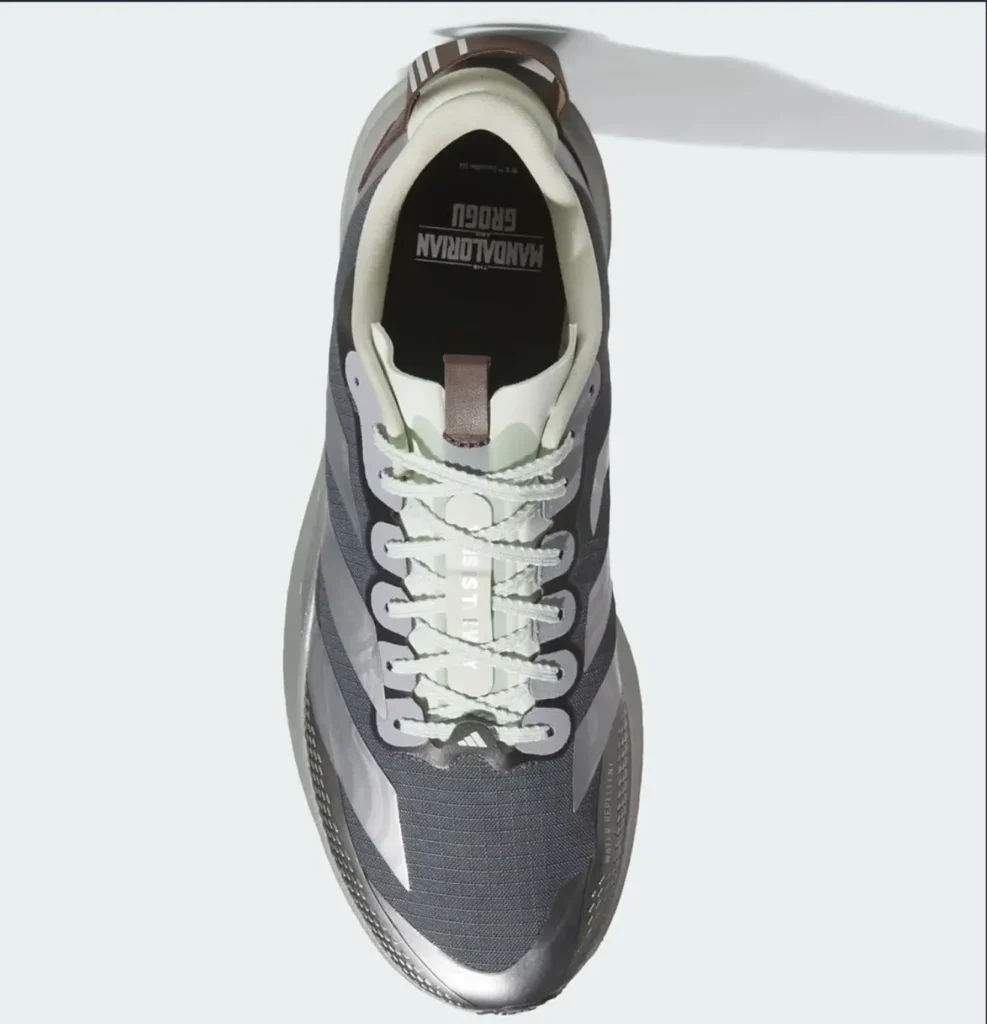 Top-down view of the adidas Star Wars Mandalorian & Grogu Adizero EVO SL ATR revealing the ripstop upper construction, rope-style lacing system, subtle “This Is The Way” tongue detailing, and custom Mandalorian & Grogu insole branding hidden within the collar