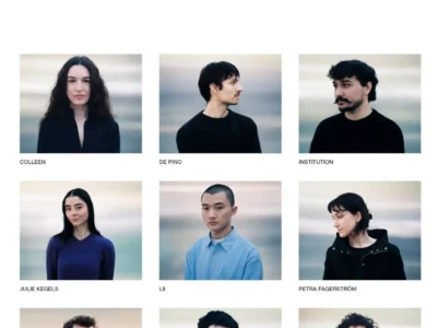 Promotional poster for the 2026 LVMH Prize finalists featuring a minimalist white layout with black serif “LVMH PRIZE” typography at the top and nine portrait photographs arranged in a three-by-three grid beneath. Each finalist is shown against a softly blurred neutral background with their label names underneath: Colleen, DE PINO, INSTITUTION, Julie Kegels, LII, Petra Fagerström, PONTE, THE VXLLEY and YOSHITA 1967. The portraits present a restrained, editorial tone emphasizing individuality and the international diversity of the selected designers