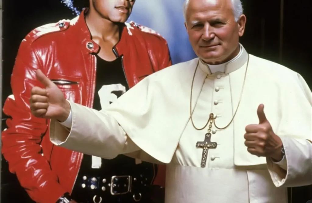Gene Greytak, the beloved Pope John Paul II impersonator, playfully poses with a massive 1987 Bad album poster of Michael Jackson. This viral late-80s photo (often mistaken for the real pontiff) perfectly captures the decade's wild pop culture crossover