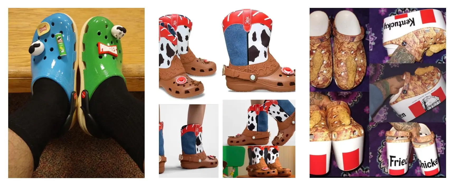 Collage of unusual and collectible Crocs designs featuring playful novelty themes. On the left, mismatched blue and green Crocs are decorated with character and snack-inspired charms. In the center, a cowboy boot–inspired Crocs silhouette combines denim textures, cow-print panels, western detailing, and decorative accents. On the right, novelty fried chicken–themed Crocs appear with bucket-style packaging and textured surfaces designed to resemble crispy coating, highlighting the experimental and collectible side of Crocs collides and custom releases